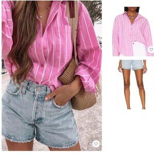 Pistola Sloane Oversized Button Down Shirt - Flamingo Stripe S